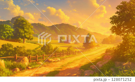 夕方の田舎の未舗装の道の風景、アニメ風 128071252