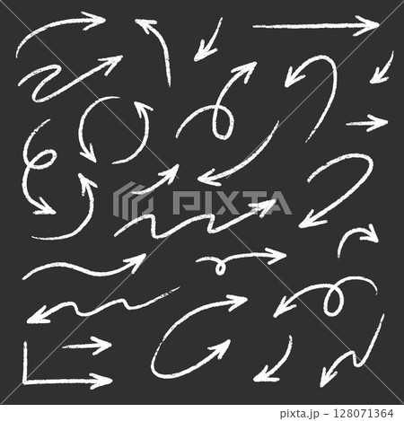 Arrow drawn hand vector line icon set. Hand drawn brush chalk stroke arrow curve, thin pencil scribble shape with vintage charcoal crayon texture. Doodle up down arrow symbol. Vector 128071364