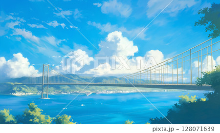 夏の大きな橋の風景、アニメ風 128071639