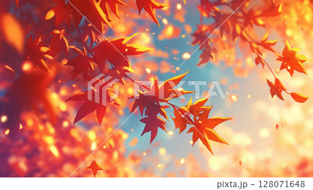 真っ赤な紅葉の秋の風景、アニメ風 128071648