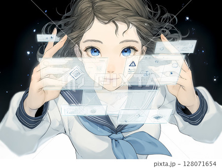 未来教育　ホログラムを操る女子高校生のイラスト素材 128071654