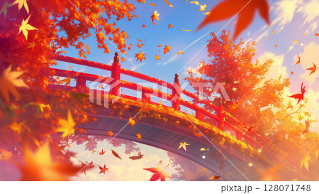 紅葉が舞う赤い小さな橋の風景、アニメ風 128071748