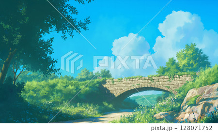 夏の小さな橋の風景、アニメ風 128071752
