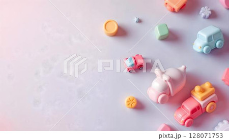 Colorful toy cars arranged on a bright background, ideal for preschool and kindergarten settings Colorful toy cars arranged on a bright background, ideal for preschool and kindergarten settings 128071753