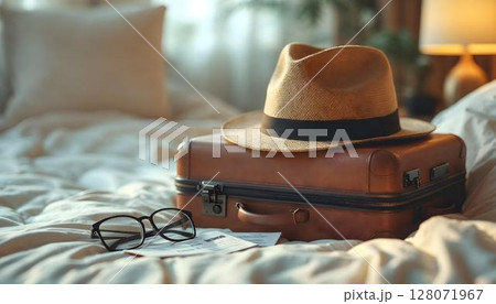 A hat, sunglasses, and a suitcase neatly arranged on a bed, embodying the spirit of travel and adventure 128071967
