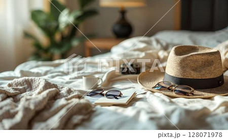 Travel inspiration illustrated with a hat, sunglasses, and a camera resting on a bed, beckoning for exploration and adventure Travel inspiration illustrated with a hat, sunglasses, and a camera resting on a bed, beckoning for exploration and adventure 128071978