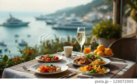 A beautifully arranged table featuring fine food and wine, with a picturesque ocean backdrop, perfect for a luxury getaway A beautifully arranged table featuring fine food and wine, with a picturesque ocean backdrop, perfect for a luxury getaway 128072005