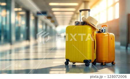 A travel-themed image featuring two suitcases topped with a hat and camera, ready for an adventure 128072006