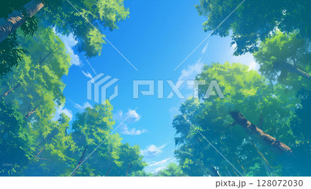 森から青空を見上げた風景、アニメ風 128072030