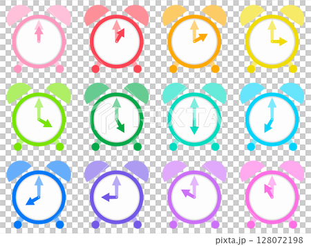 Alarm clock icon set of 12 colorful colors from 0 to 12 o'clock 128072198
