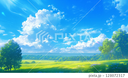 青空と雲の草原の風景、アニメ風 128072317