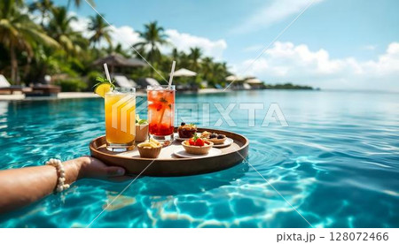 An elegant floating tray brimming with drinks and delicacies is placed on a table by the pool, making it the perfect addition to a luxurious escape An elegant floating tray brimming with drinks and delicacies is placed on a table by the pool, making it the perfect addition to a luxurious escape 128072466