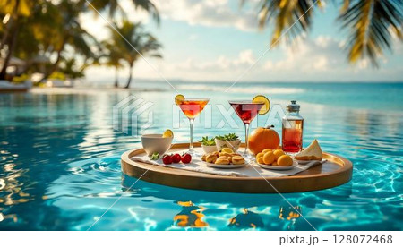 A beautifully arranged floating tray with food and drinks on a table at the pool, highlighting a luxurious vacation setting A beautifully arranged floating tray with food and drinks on a table at the pool, highlighting a luxurious vacation setting 128072468