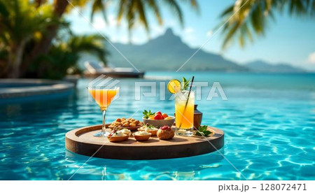 A luxurious floating tray filled with drinks and food, set on a table by the pool, perfect for a resort getaway 128072471