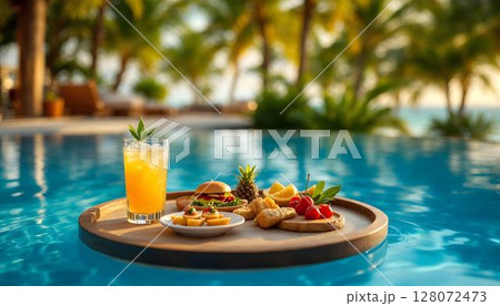 A floating tray featuring drinks and delicious food on a table by the pool, highlighting a sophisticated vacation setting 128072473