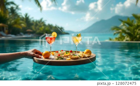 A stylish floating tray with refreshments and...のイラスト素材 [128072475] - PIXTA
