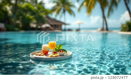 A floating tray with drinks and gourmet food on a table beside a serene pool, embodying a luxury vacation vibe 128072477