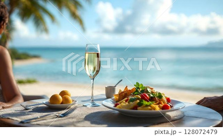 A table on the beach adorned with a champagne glass and a plate of food, capturing a tranquil seaside moment 128072479