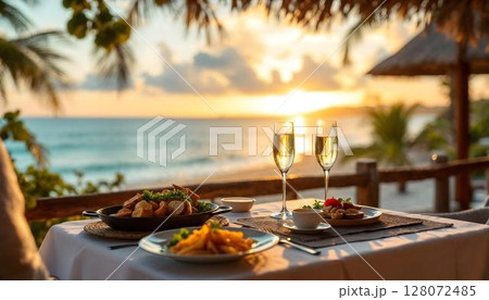 Two glasses of champagne beside food and flowers on a table, evoking a peaceful beach vibe Two glasses of champagne beside food and flowers on a table, evoking a peaceful beach vibe 128072485