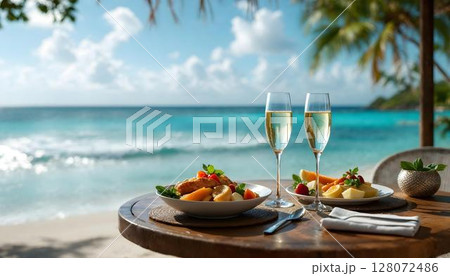 Elegant champagne glasses on a table with food and flowers, embodying a tranquil beach setting Elegant champagne glasses on a table with food and flowers, embodying a tranquil beach setting 128072486