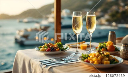 A beautifully set table with two champagne glasses and gourmet fare, embodying the spirit of a luxury vacation 128072489