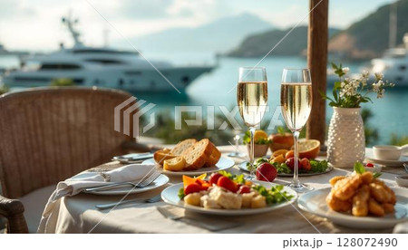 A sumptuous dining arrangement featuring two glasses of champagne and delightful food, perfect for an upscale getaway 128072490