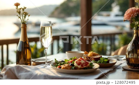 A lavish dining setup with a champagne glass and delectable food, ideal for a luxurious getaway 128072495