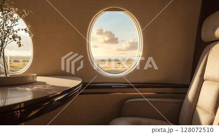 A lavish airplane window offers a breathtaking sight of sunlit clouds, ideal for discerning travelers 128072510