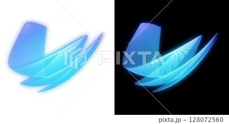 青い発光光軌跡のウェーブ（透明・黒背景付き） 128072560