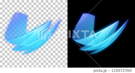 青い発光光軌跡のウェーブ（透明・黒背景付き） 128072560