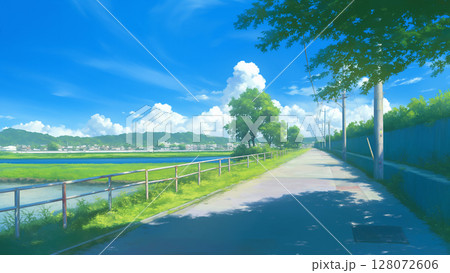 田舎のアスファルト道の風景、アニメ風 128072606