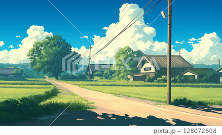 農村のまっすぐな道の風景、アニメ風 128072608