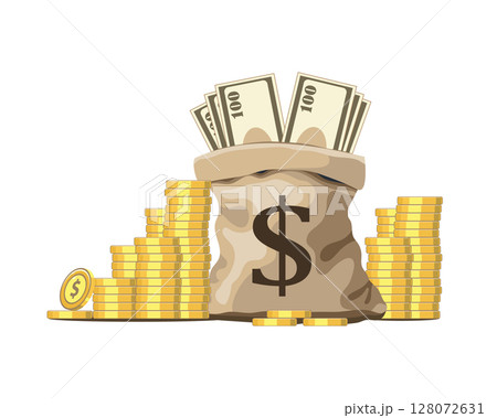 illustration of money bag full dollar and gold coin, 128072631