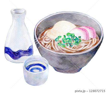 水彩イラスト　手描きイラスト　かけそばと日本酒 128072715