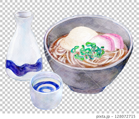水彩イラスト　手描きイラスト　かけそばと日本酒 128072715