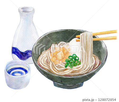 水彩イラスト　手描きイラスト　おろしそばと日本酒 128072854