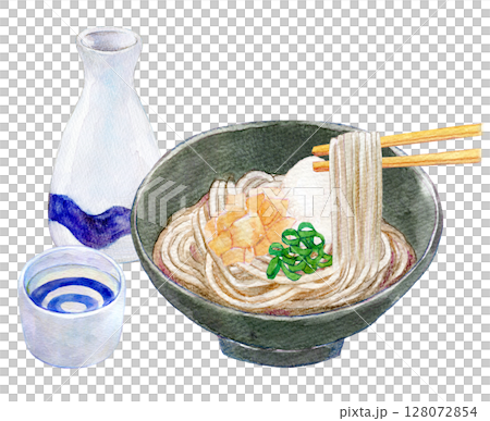水彩插圖、手繪插圖、磨碎的蕎麥麵和清酒 128072854