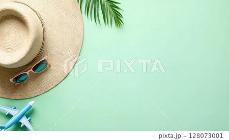 A summer holiday scene showcasing a hat, sunglasses, palm leaf, and airplane against a vibrant green backdrop 128073001