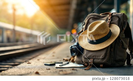 A backpack and hat positioned on a train platform, embodying the spirit of travel and adventure A backpack and hat positioned on a train platform, embodying the spirit of travel and adventure 128073018