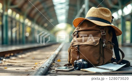 A backpack and hat on a railway platform, capturing the essence of travel and the anticipation of new adventures A backpack and hat on a railway platform, capturing the essence of travel and the anticipation of new adventures 128073020