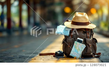 A railway platform scene with a backpack and hat, representing the spirit of travel and the journey ahead A railway platform scene with a backpack and hat, representing the spirit of travel and the journey ahead 128073021