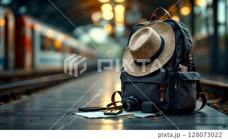 A travel-themed image featuring a backpack and hat placed on a railway platform, evoking wanderlust and exploration A travel-themed image featuring a backpack and hat placed on a railway platform, evoking wanderlust and exploration 128073022