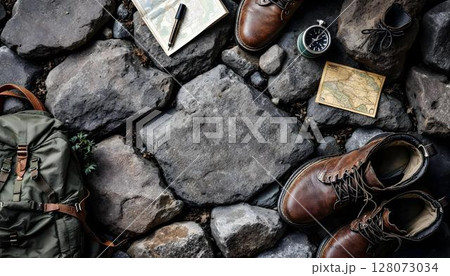 Hiking boots and a map on the ground, representing the spirit of adventure and budget-friendly backpacking Hiking boots and a map on the ground, representing the spirit of adventure and budget-friendly backpacking 128073034