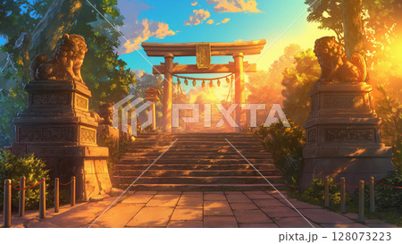 夕日と鳥居の風景、アニメ風 128073223