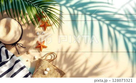 Embracing summer vibes with a hat, sunglasses, beach bag, and palm leaves, all accentuated by a refreshing pastel background 128073321