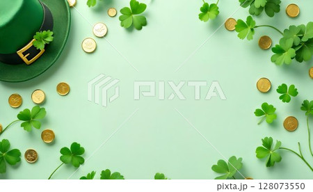 A festive green hat and shiny gold coins set against a rich green background for St. Patrick's Day A festive green hat and shiny gold coins set against a rich green background for St. Patrick's Day 128073550