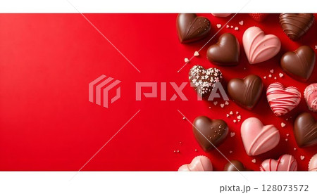 A festive Valentine's Day background filled with chocolates and hearts, ideal for expressing love and romance 128073572