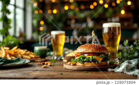 A St. Patrick's Day celebration with a hearty burger and a frosty beer on a rustic table 128073804