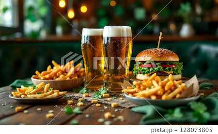 A delicious burger paired with a green beer, set on a table decorated for St. Patrick's Day 128073805