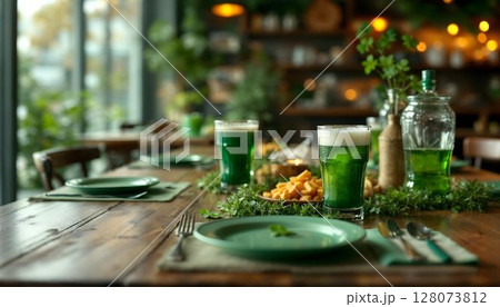 An elegantly styled St. Patrick's Day table, adorned in green, ideal for a joyful gathering 128073812